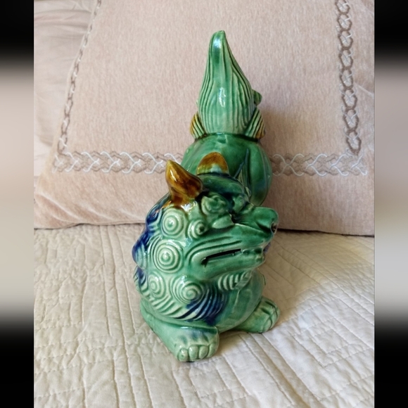 Vintage Majolica Chinese Porcelain Green, Blue & Tan Foo Dog Shishi Lion Statue - Picture 11 of 12